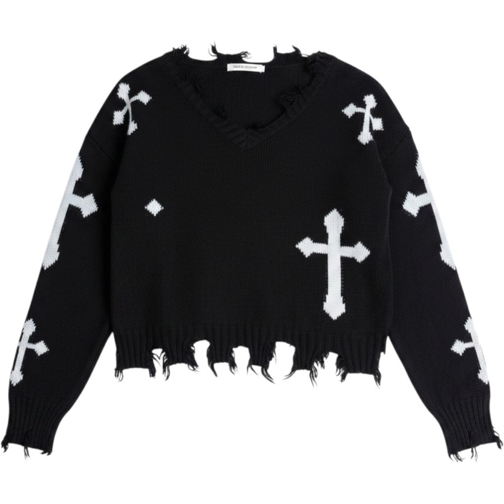 Junior's Sweater S Black Distressed Gothic Cropped Punk Oversized Emo Edgy